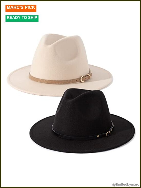 2 Pack Classic Wide Brim Fedora Hats with Adjustable Ribbon